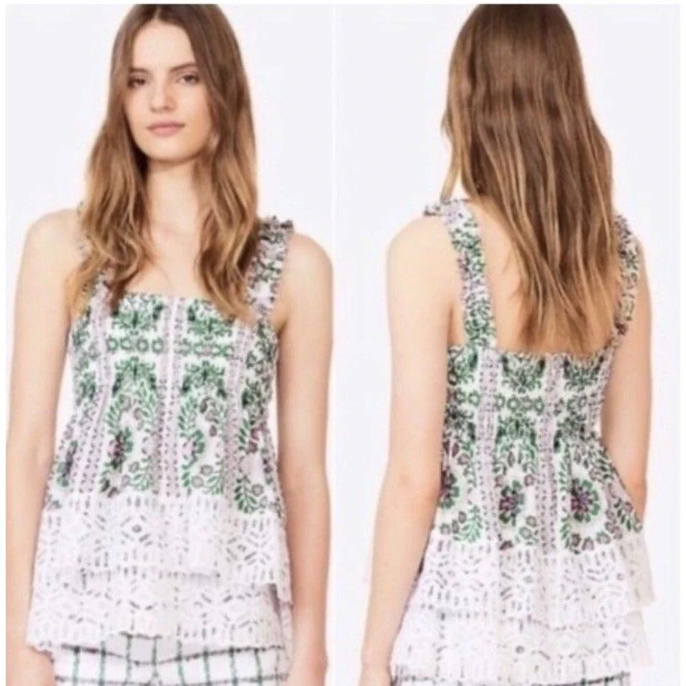 Tory Burch Garden Party Georgette Top Silk Tiered Size 6 Floral Print NWOT